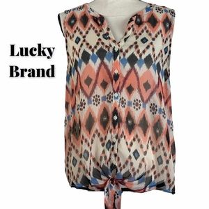 Lucky Brand Sheer Sleeveless Aztec Print Blouse Size L Boho